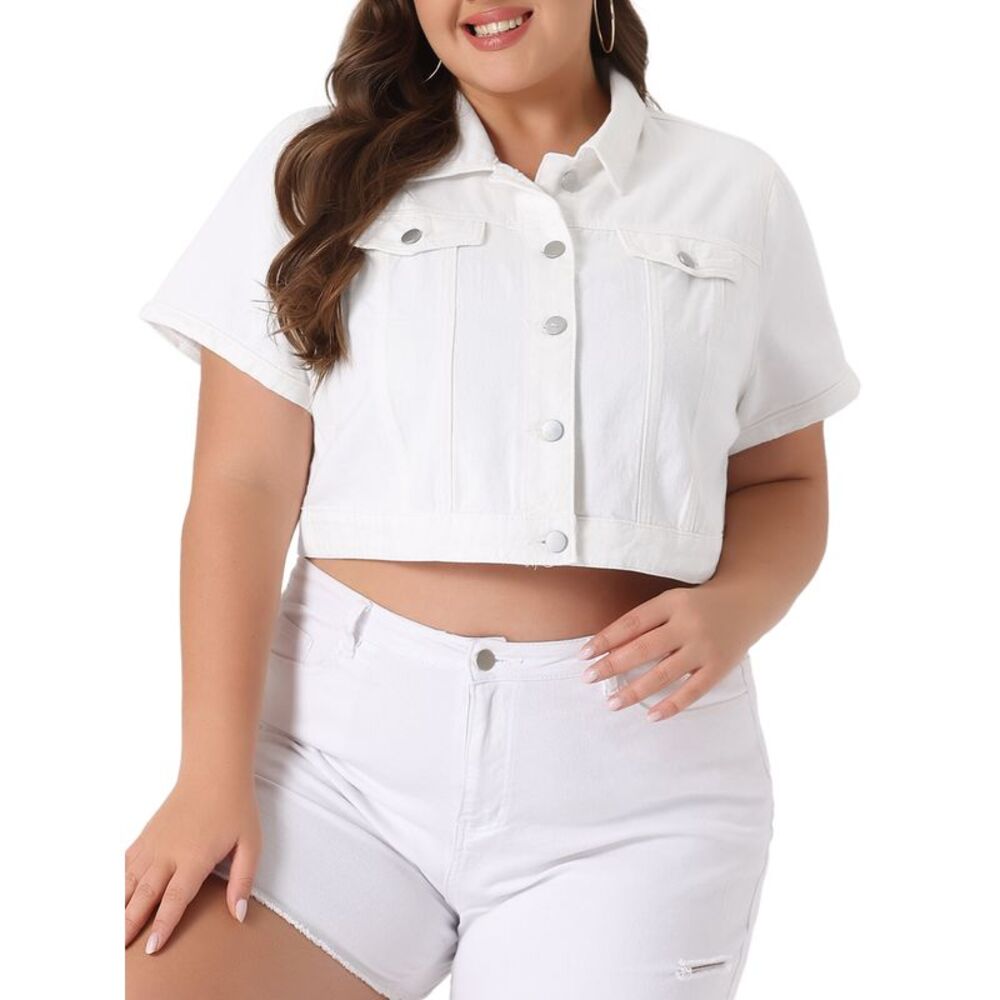 Plus Size Denim Jackets Women Cropped Wash Short Sleeves Jean Jacket White